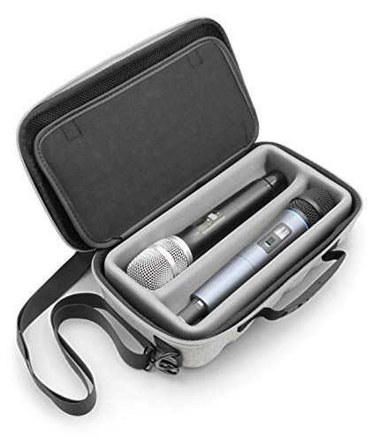 CASEMATIX Two Wireless Microphone Case Compatible with Wireless Mic System Handheld Microphones Sennhesier, Shure and More, Dual Mic Bag with Shoulder Strap and Hard Shell Gray Exterior