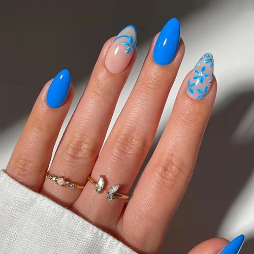 Blue Pink Press on Nails Short Almond Fake Nails French Tip Full ...