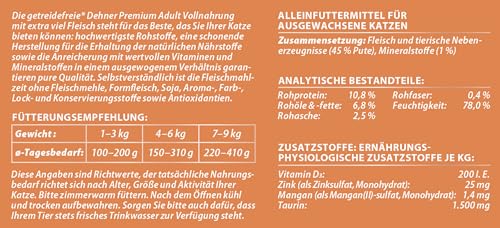 Dehner Premium Katzenfutter, Nassfutter getreidefrei, für ausgewachsene Katzen, Pute, 6 x 400 g Dose (2.4 kg)