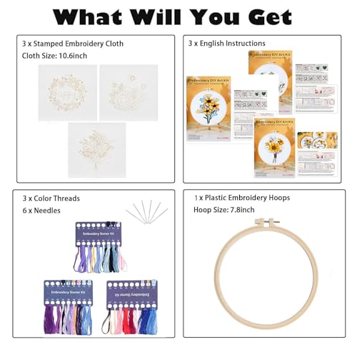 Image of GLTAYLMY 3 Sets Embroidery Starter Kit with Pattern and Instructions, Cross Stitch Set, Stamped Embroidery Kits with 3 Embroidery Clothes with Pattern, 1 Embroidery Hoop(Sunflower)