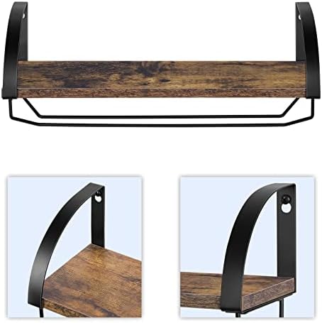 UOMIO 2 Packs Wall-Mounted Wine Shelves with Glass Holders Rustic Champagne Display Racks and Goblet Hanging Racks Set of 2 Made of Wood & Metal for Living Room Kitchen Dining Room Bars Black