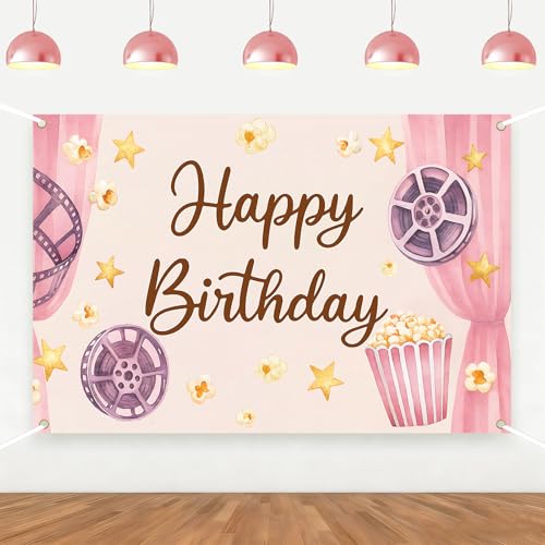 Movie Night Backdrop Movie Night Birthday Party Decorations Banner Pink Popcorn Cinema Photography Background for Cinema Theme Birthday Decors Party Supplies Photo Booth Props 5 * 3ft by ZestZing - Used condition - US$10.98