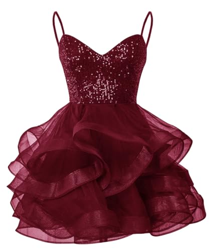 Tulle Homecoming Dresses for Teens Spaghetti Strap Sequin Short Prom Dresses Layered Cocktail Mini Dress