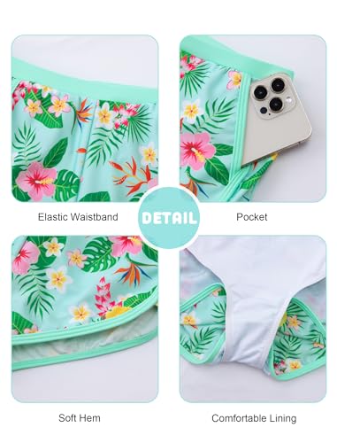 HOZIY Girls Bathing Suits Size 10-12 Tween Pink Tankini Swimsuit Pocket Shorts 2 Piece Teen Modest Drawstring Swimming Suits Swimwear Light Cyan Tropical — view 6