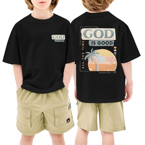Image of KEEVICI Boys God is Good Shirt Christian Faith Shirts for Kids Jesus Beach Palm Tree Hawaiian Tshirt Graphic Tees Cotton Tops