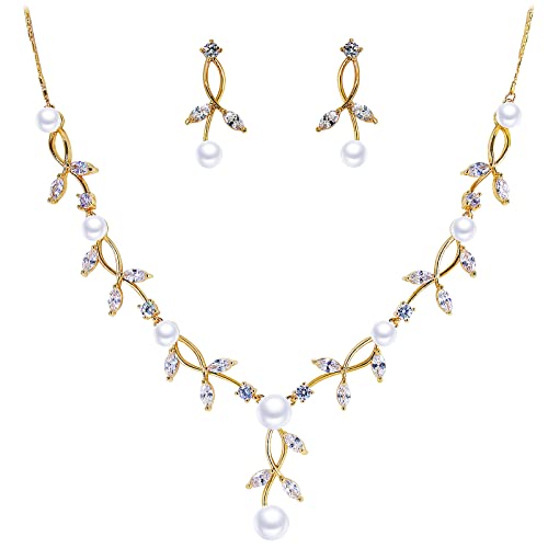 BiBeary Schmuck Set Braut Damen Blatt Blume Hochzeit simulierte Perle Statement Halskette Ohrhänger Ohrringe Set Party Cover