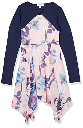 Speechless Girls' Sleeveless Asymmetrical Dress and Shrug, Pink/Navy, 10