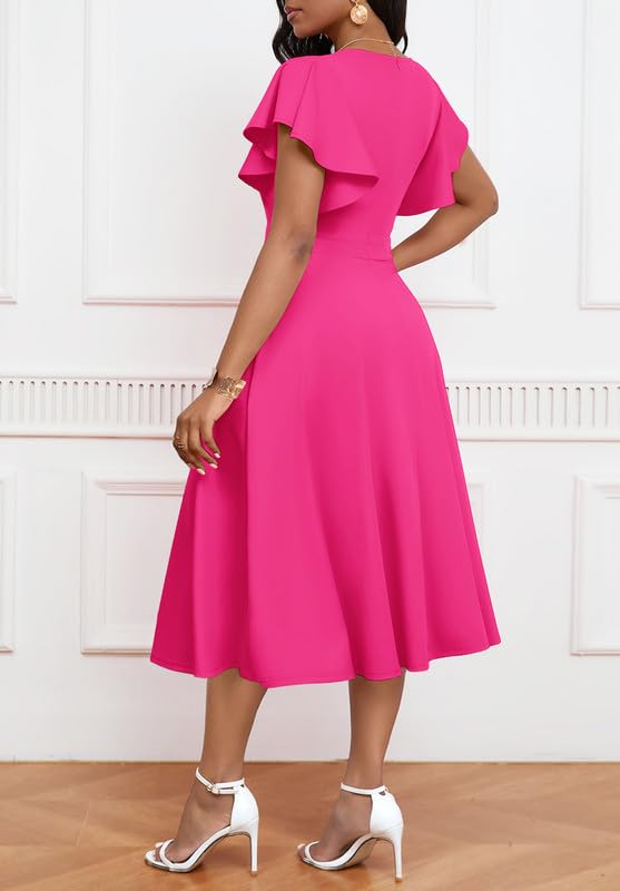 Image of MarryUP Women's Cocktail Midi Dress Elegant V Neck Ruffle Short Sleeve Wrap Wedding Guest Semi Formal A Line Dress