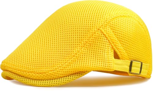 Xinveen Men's Mesh Cap Breathable Summer Newsboy Hat Adjustable Beret Ivy Cap Irish Cabbie Driving Hunting Hats Yellow