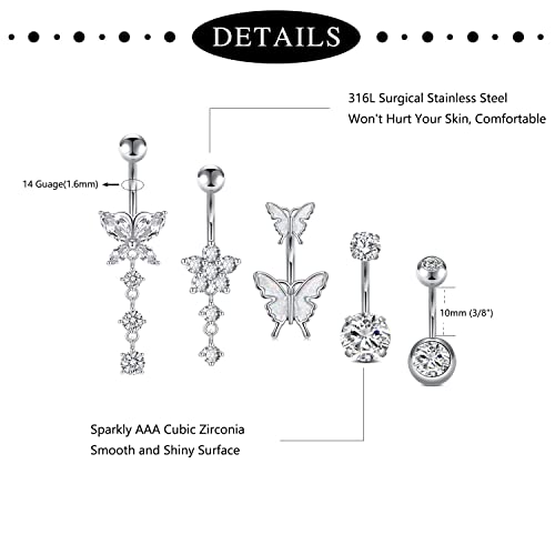Incaton 14G Belly Button Rings, Stainless Steel Diamond Belly Rings For Women, Dangle Belly Button Rings With Butterfly, 6mm Short & 10mm Bar Navel Piercings2