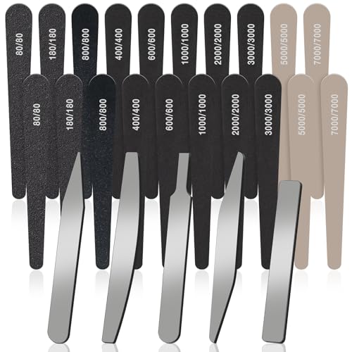 Honoson 25 Pack Hobby Model Polishing Hand Files Tool Set 5 Pcs #10000 Grit Glass Polishing Files and 20 Pcs Sanding Sticks Tool for Metal Wood Model Craft(Low Grits Rating,Teardrop Style)