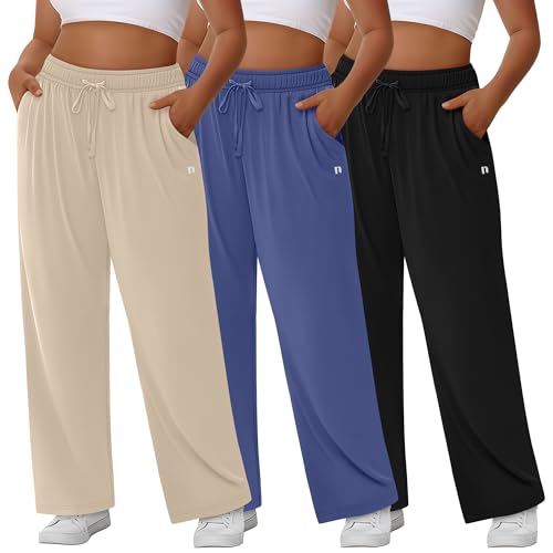 Neer 3 Pack Women's Plus Size Pants, Wide Leg Casual Cotton High Waist Sweatpants Lounge Drawstring Trousers with Pockets(Black, Apricot, Denim Blue,XX-Large)