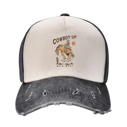 Image of Black Cowboy Up Wild West Hat for Men Woman Western Country Theme Rustic Washed Distressed Cotton Vintage Trucker Baseball Cap,Low Profile Plain Retro Baseball Hat,Classic Adjustable