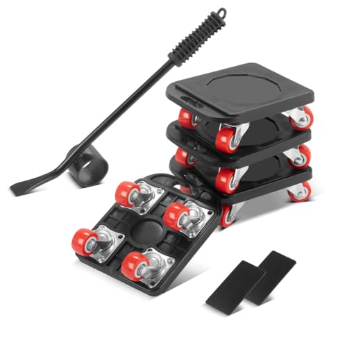 STAHLWERK Möbeltransport Set – 4 Möbelroller & 1 Möbelheber, robuste Transporthilfe/Transportroller mit rutschhemmender Oberfläche und 360° gummierten Long-Life-Rollen für schwere Möbel & Umzüge