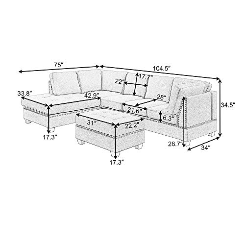 Merax 105” Sectional Sofas Sets 3-Seat Sofa Couch With Reversible Chaise Lounge, Storage Ottoman And 2 Cup Holders For Living Room Furniture (Grey) #TOP1