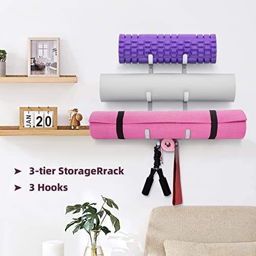 Umineux Yoga Mat Holder Wall Mount, Wall Rack For Home Gym Decor, Gym Equipment Organizer With 3 Hooks For Hanging Yoga Strap, Resistance Bands (White) #TOP3