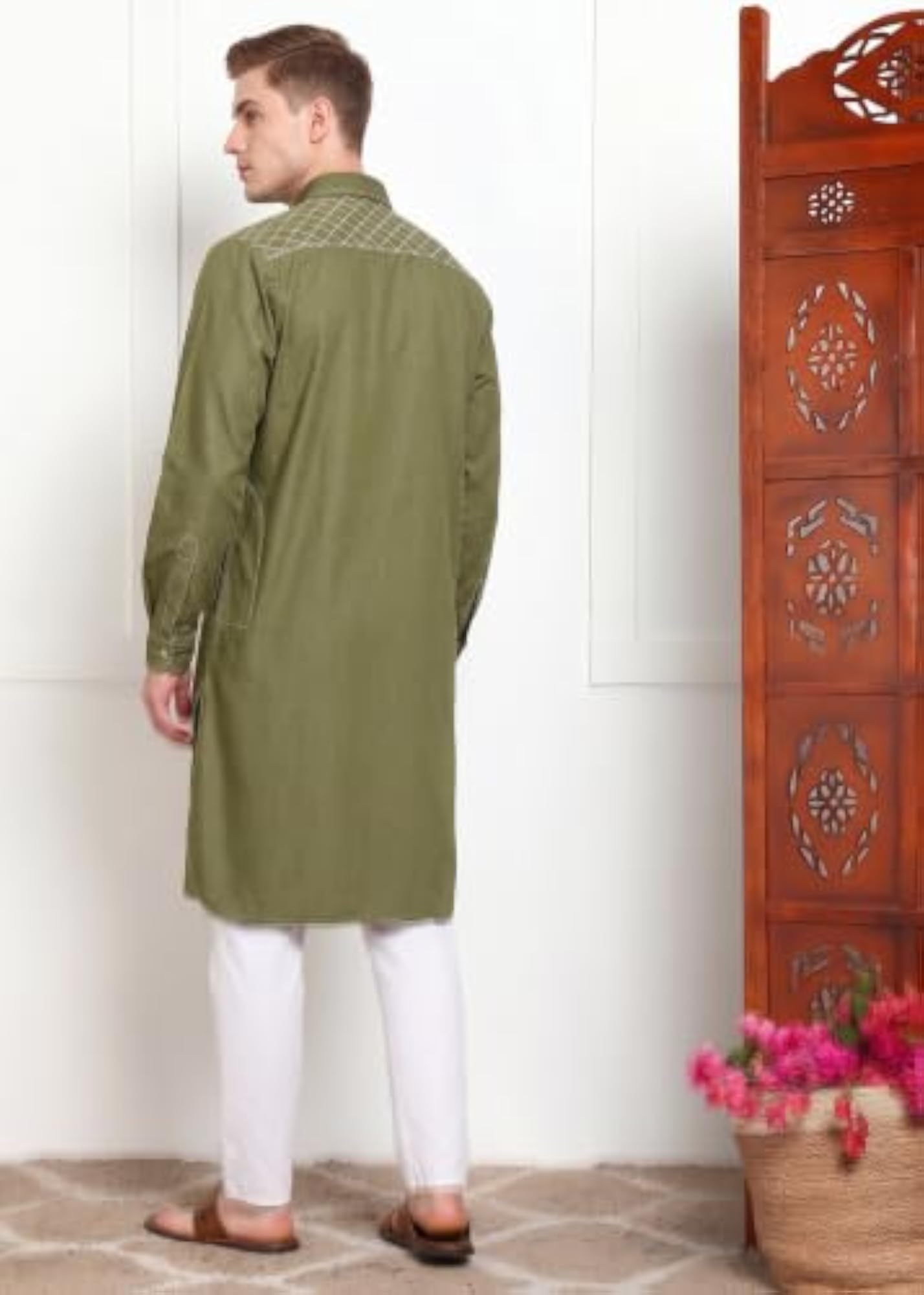 Embroidered Denim Pathani Kurta