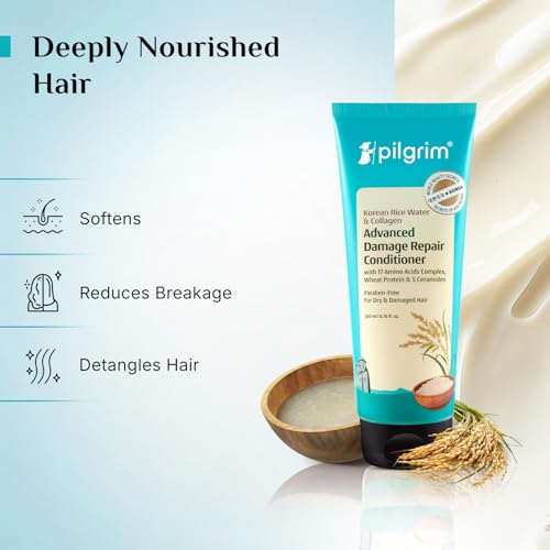 Image of Pilgrim Korean Rice Water & Collagen Advanced Damage Repair Conditioner - 200ml (Pack of 3)| With 17 Amino Acids, Wheat Protein & Ceramides | Paraben-Free | Deep Nourishment & Shine I For Women & Men