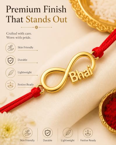 Image of Gold Plated Designer Rakhi Bracelet for Brother | Infinity, Heart, Evil Eye & BRO Designs | Raksha Bandhan Rakhi with Roli Chawal & Greeting Card