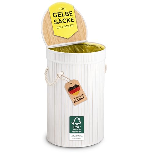 Ecojoo® Premium 60L Gelber Sack Mülleimer aus FSC®-Bambus - extra stabil, geruchsdicht, Müllsackständer, Behälter Gelbe Säcke, Mülleimer 60L, Gelber Sack Ständer, Müllsackhalter (weiss)