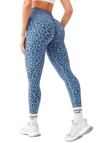 BRXL Workout Lycra Leggings for Women Butt Lifting Tummy Control High Waist Seamless No Front Seam Gym Yoga Running Leggings Leopard Blue M