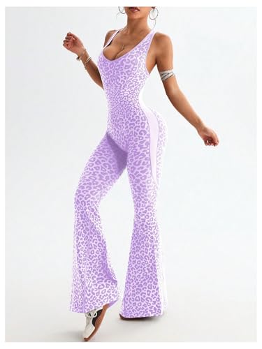 Image of Verdusa Women's Cheetah Print Workout Sets Yoga Jumpsuit Criss Cross Sleeveless Work Out Clothes Flared Pants Jumpsuits