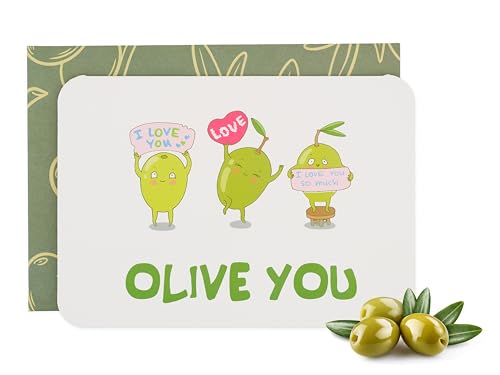 Cute Pun I Love Card with Envelope – “Olive You” – Funny Romantic Greeting Card for Valentines Day, Anniversary, or Birthday | Pairs well with gifts for men and women