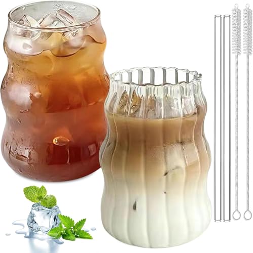 Lot de 2 verres nervurés de 530 ml avec pailles en verre, verres à latte macchiato, verres à cocktail, verres à café glacé, verres à long drink avec brosses, utilisés pour cocktail, lait, eau, soda,