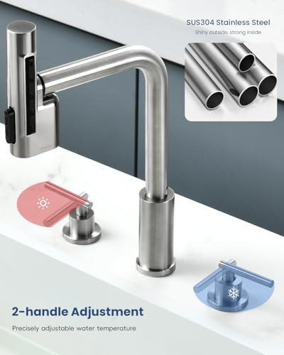 APPASO Waterfall 4 Hole Kitchen Faucet with Sprayer, 5 Modes Multifunctional Kitchen Sink Faucet with Soap Dispenser, Modern Brushed Nickel Two Handle Kitchen Faucet, Pull Down Kitchen Sink Faucets