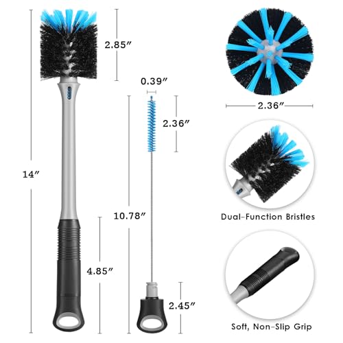 Image of MOSOLAN 2-in-1 Water Bottle Brush and Straw Cleaner Brush, Long Handle Water Bottle Scrubbing Brush for Water Bottles, Glasswares, Mugs, Flasks, Tumblers and Kitchen Sink, Black, 1 Pack