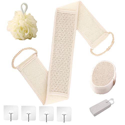 SOWFLYGO Bath Loofah Sponge SPA Set, Natural Loofa Back Scrubber Strap, Shower Bath Sponge, Loofah Pad, Natural pumice stone for Exfoliating and Removing Dead Skin, No Bleaching, 4 Pack