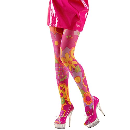 NET TOYS 70er Jahre Blumen Strumpfhose Blumenstrumpfhose Blümchenstrumpfhose Hippie Flower Power Blumen Pantyhose Damen Kostüm Accessoire