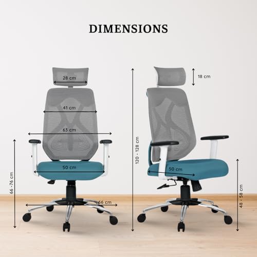 Image of activa Hector Ergonomic Office Chair | Mesh Computer Chair with 2D Armrest | Adjustable Headrest & Lumbar Support | Executive Revolving Desk Chair for Workspace /Desk (White & Teal, High Back)