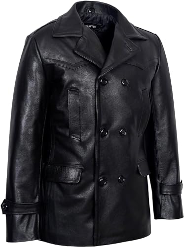 Image of Crafter Men's Kriegsmarine German Ww2 Dr Who Reefer Hide Leather Jacket Coat Four Button Leather Car Coat - Pea Coat for Mens