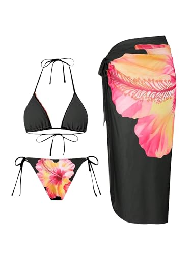 Image of ZAFUL Women's 3 Piece Swimsuit Floral Halter Triangle String Bikini Tie Side Bottom with Boho Cover Up Skirt