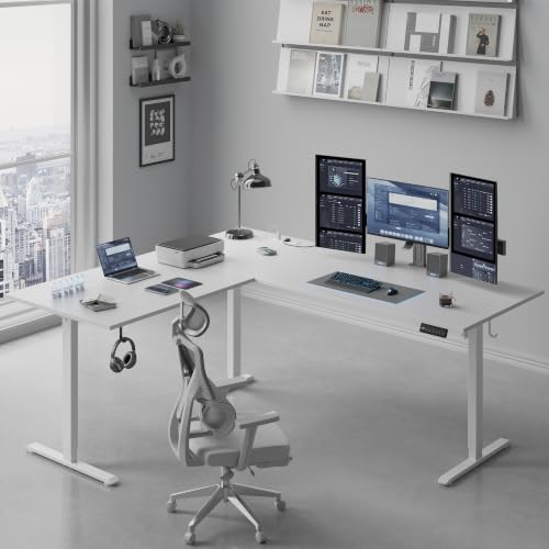 Image of 75x61 Inch L Shaped Electric Standing Desk, Corner Workstation, White