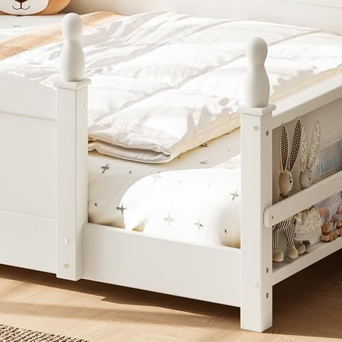 Image of Bellemave Full Size Montessori Floor Bed Frame with High Fence, Solid Wood Kids Floor Bed with Bookshelf, Low Profile Bed for Boys & Girls, Childlike Design,Beige