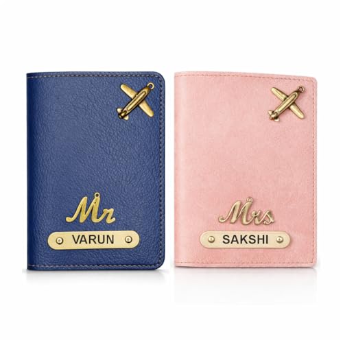 Image of Customized Couple Passport Cover Gift Set 2 Pcs | Personalized Leather Passport Covers with Name & Charm| Anniversary, Valentine, Birthday and Travel Gift (Pink)