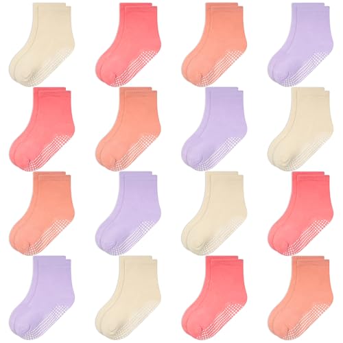 Photo de HYCLES 16 Parr Chaussettes antidérapantes pour enfant garçon et fille de 0 à 7 ans, 04 # jaune x 4 + rose x 4 + violet x 4 + rouge x 4,...