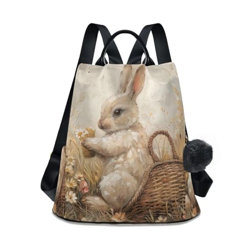 Sac à dos vintage pour femme au motif lapin mignon et élégant avec son pompon doux