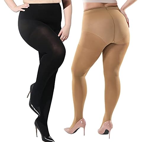ibonas Opaque Tights Plus Size - Comfy Queen Size Tights, Warm Straight Crotch Leggings, for Chubby Women, Girls (2 Pair 80D Semi Opaque Black Skin Tights) Cover
