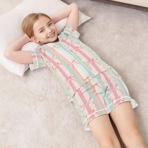 Pink Bows Stripes Pajamas Set Summer Button Down Sleepwear Pjs Sets Comfy Loungewear 7