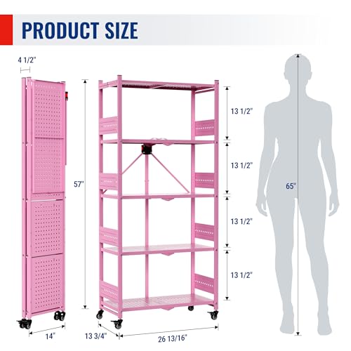 Image of WORKPRO 5-Tier Folding Shelf, No-Assembly Metal Storage Rack with Wheels, 750 lbs Capacity (with Leveling Feet), Collapsible Shelving Unit for Kitchen, Pantry, Closet & Craft Shows - Pink
