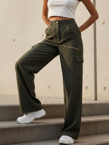 Image of GRECIILOOKS Cargo Pants For Woman | Trousers For Womans |High Waist Trouser for Women - Flared Parachute Pants with Side Pockets |Womens Cargo Pant | Elegant for College & Events (Available in Plus Size)