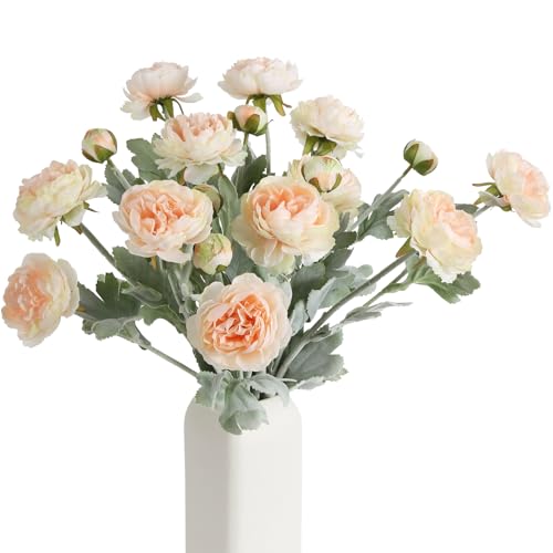 IPOPU Champagne Fake Peonies Artificial Ranunculus Flowers 6pcs 18Heads Champagne Silk Flowers 20.47