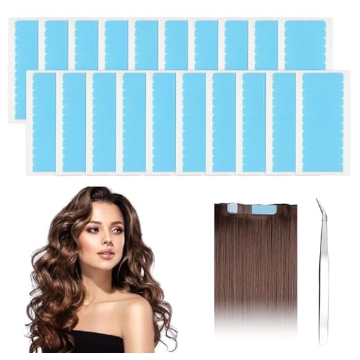 ZOCONE 240 Pièces Bande adhésive d'Extension de Cheveux, Ruban Adhésif double face de Remplacement, Pour Perruques Extensions Cheveux Bandes Adhésives invisibles Avec Pince à épiler (Bleu)