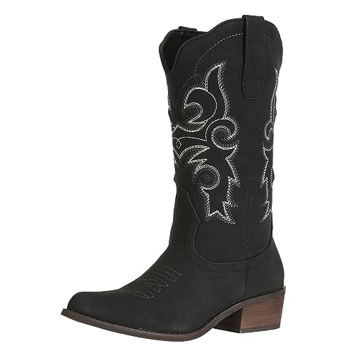 Image of J's.o.l.e Western Cowgirl Cowboy Boots for Women Mid Wide Calf Pointed Toe Riding Country Brown Black Boots