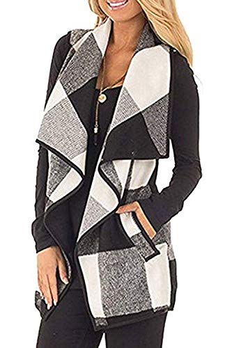 Romanstii Women's Color Block Casual Lapel Open Front Sleeveless Plaid Vest Cardigan Coat Pockets