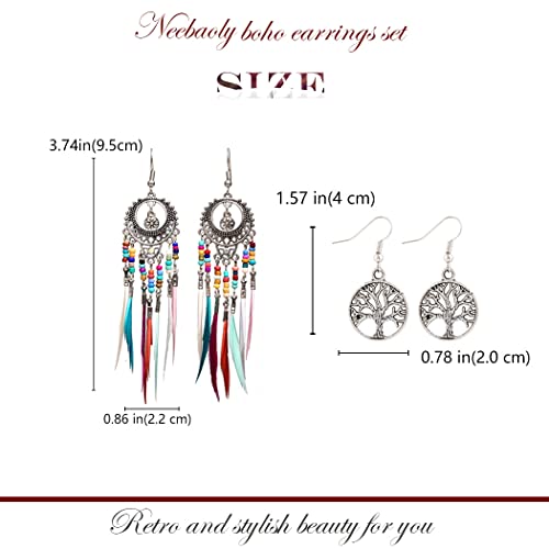 Bohemian Earrings Set Tree of Life Feather Tassel Earrings Silver Hippie Gypsy Dangle Earring Bead Women Jewelry for Birthday Party Gifts2