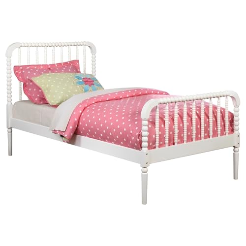 CARTESIAN Zoey Twin Size Solid Wood Slat Panel Bed Frame with Bobbin Design in White, for Girls, Kids, No Box Spring Needed